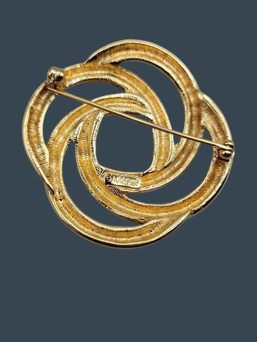 Vintage Monet Interlocking Circles Brooch Pin Polished Gold Tone Retro 1970s